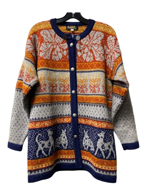 Apleks Size Est L Navy & Orange Print Wool Round Neck Long Sleeve Sweater Navy & Orange Print / Est L