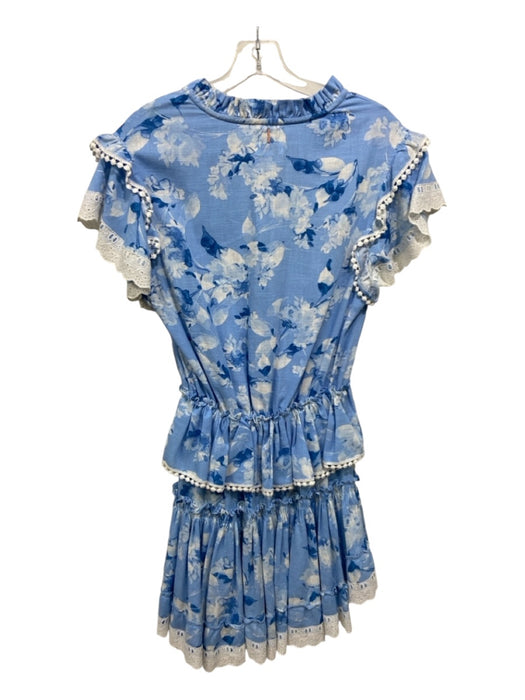 Misa Size S Blue & White Rayon Blend Floral Tie Neck Ruffle Cap Sleeve Dress Blue & White / S