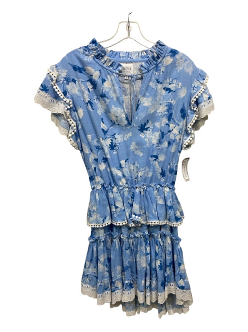 Misa Size S Blue & White Rayon Blend Floral Tie Neck Ruffle Cap Sleeve Dress Blue & White / S