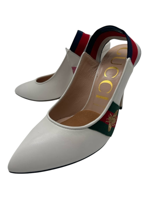 Gucci Shoe Size 38.5 White & Multi Leather Stiletto Slingback Motif Pumps White & Multi / 38.5