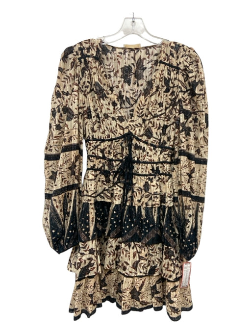 Ulla Johnson Size 0 Beige, Navy, Red Cotton & Viscose Long Sleeve V Neck Dress Beige, Navy, Red / 0