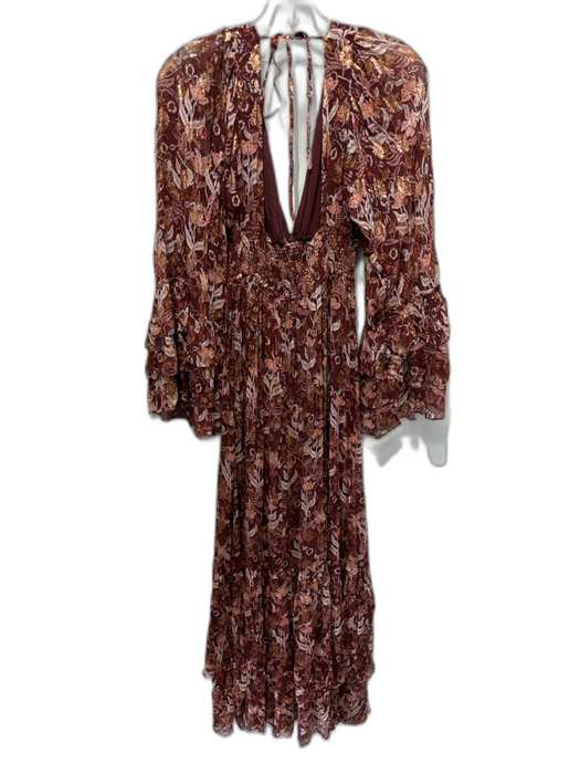 Free People Size S Brown, Pink & Gold Viscose Long Fluted Sleeve Maxi Dress Brown, Pink & Gold / S