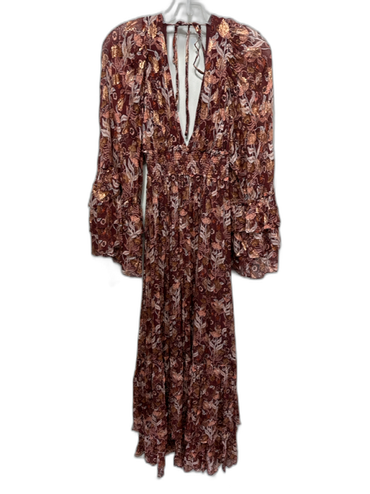 Free People Size S Brown, Pink & Gold Viscose Long Fluted Sleeve Maxi Dress Brown, Pink & Gold / S