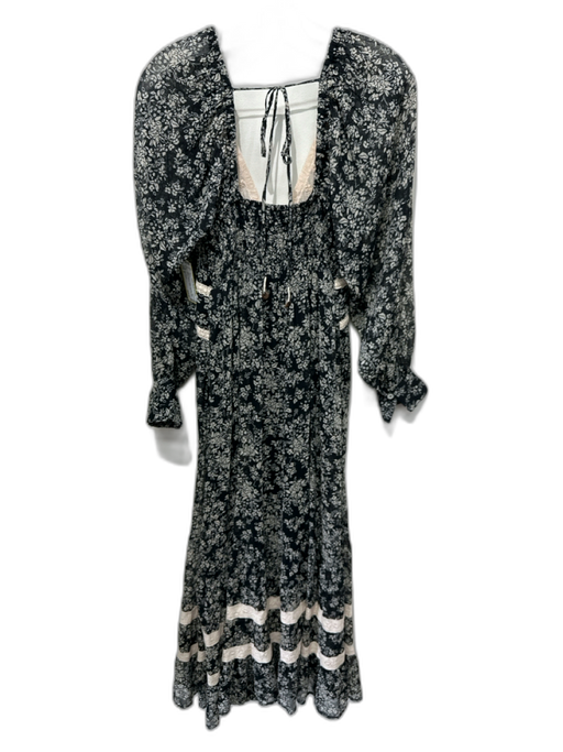Free People Size S Black & Cream Viscose Long Balloon Sleeve Floral Maxi Dress Black & Cream / S
