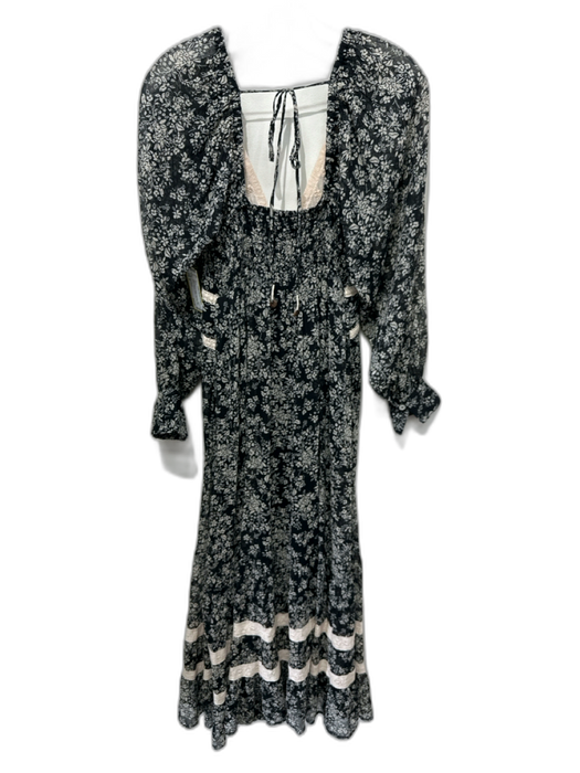 Free People Size S Black & Cream Viscose Long Balloon Sleeve Floral Maxi Dress Black & Cream / S