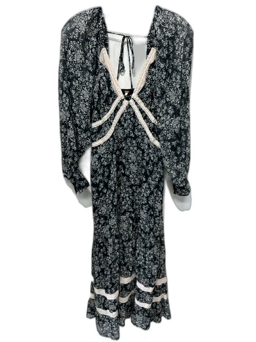Free People Size S Black & Cream Viscose Long Balloon Sleeve Floral Maxi Dress Black & Cream / S