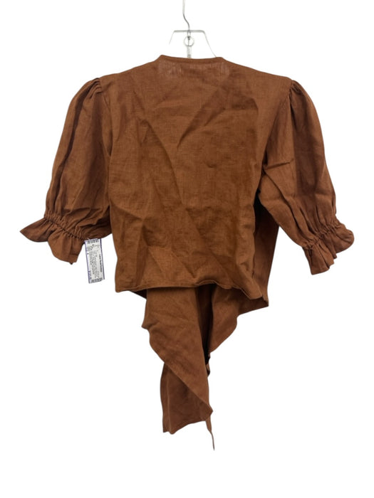 Faithfull the Brand Size 4 Chestnut Brown Linen Short Puff Sleeve Wrap Pant Set Chestnut Brown / 4