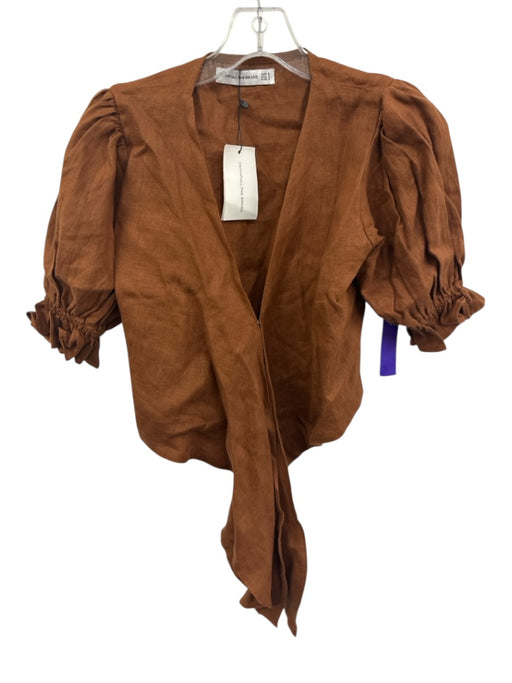 Faithfull the Brand Size 4 Chestnut Brown Linen Short Puff Sleeve Wrap Pant Set Chestnut Brown / 4