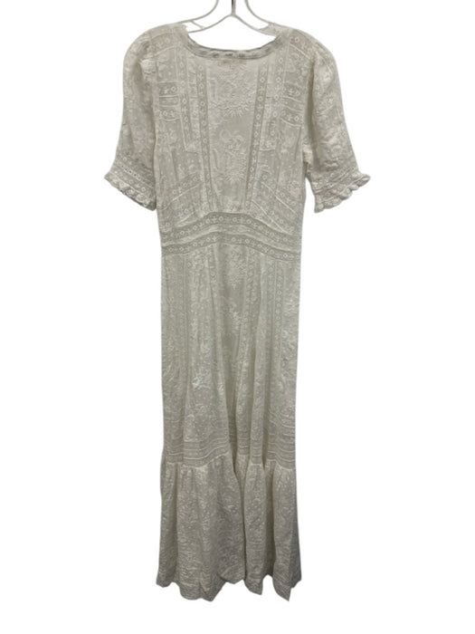 Love Shack Fancy Size 4 White Cotton Short Puff Sleeve Sheer Lace Buttons Dress White / 4