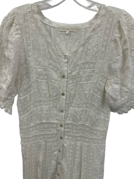 Love Shack Fancy Size 4 White Cotton Short Puff Sleeve Sheer Lace Buttons Dress White / 4