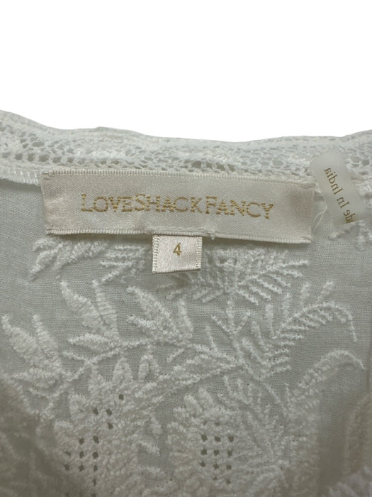 Love Shack Fancy Size 4 White Cotton Short Puff Sleeve Sheer Lace Buttons Dress White / 4