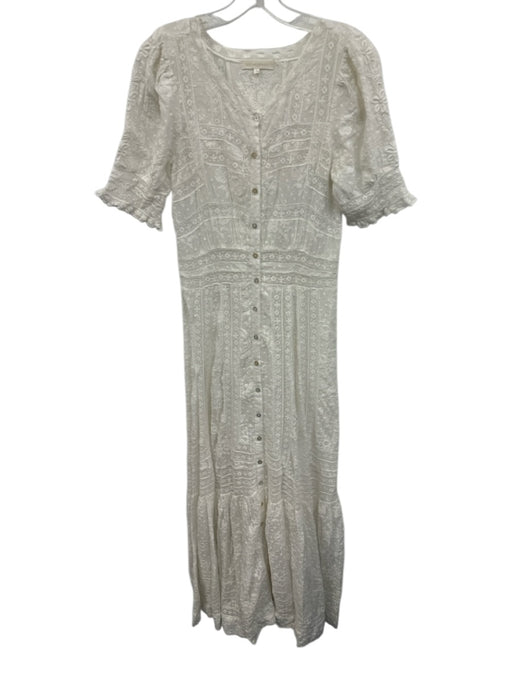 Love Shack Fancy Size 4 White Cotton Short Puff Sleeve Sheer Lace Buttons Dress White / 4