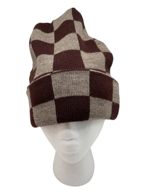 Loeffler Randall Light & Dark Brown Wool Checkered Beanie Hat Light & Dark Brown / One Size