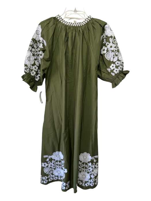 Julia Armory Size XL Olive & White Cotton Floral Embroidery Tassels Maxi Dress Olive & White / XL