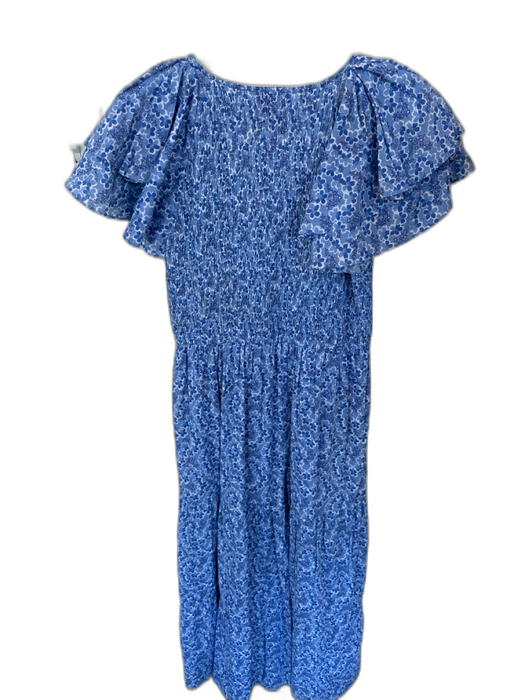 Banjanan Size L Blue & White Cotton Flutter Sleeves Flowers Smocked Maxi Dress Blue & White / L