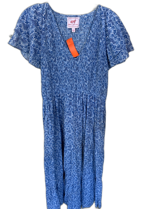Banjanan Size L Blue & White Cotton Flutter Sleeves Flowers Smocked Maxi Dress Blue & White / L