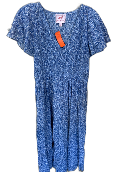 Banjanan Size L Blue & White Cotton Flutter Sleeves Flowers Smocked Maxi Dress Blue & White / L