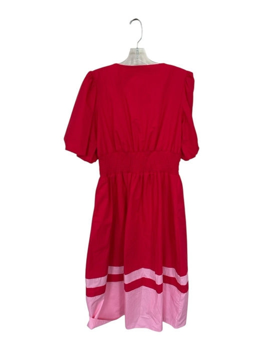 She + Sky Size M Red & Pink Cotton Blend Balloon Sleeve V Neck Color Block Dress Red & Pink / M