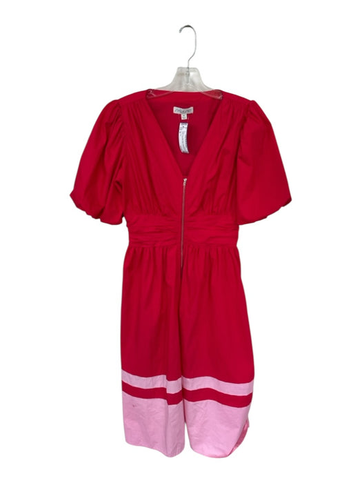 She + Sky Size M Red & Pink Cotton Blend Balloon Sleeve V Neck Color Block Dress Red & Pink / M