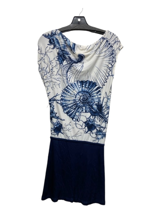 Roberto Cavalli Size S/40 White & Navy Blue Polyamide Cap Sleeve Boat Neck Dress White & Navy Blue / S/40