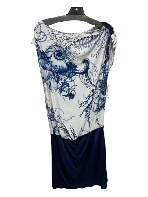 Roberto Cavalli Size S/40 White & Navy Blue Polyamide Cap Sleeve Boat Neck Dress White & Navy Blue / S/40