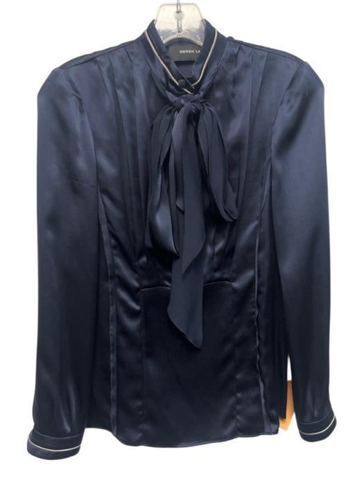 Derek Lam Size 4 Navy Silk Long Sleeve Half Button Tie Neck Pleats Top Navy / 4