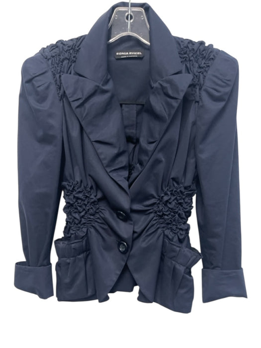 Sonia Rykiel Size 38 Navy Cotton 2 Buttons Smocking Gathered Detail Jacket Navy / 38