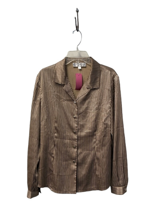 Esperanto Size L Beige & Bronze Silk Stripe Collar Button Down Pleated Blouse Beige & Bronze / L