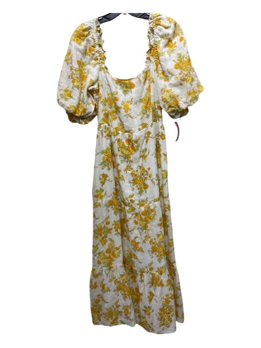 Faithful The Brand Size L White, Yellow, Green Print Linen Square Neck Dress White, Yellow, Green Print / L