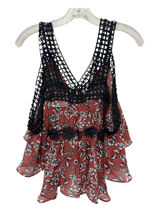 N/ Nicholas Size 2 Red, White, Black Silk Crochet Trim Floral Cold Shoulder Top Red, White, Black / 2