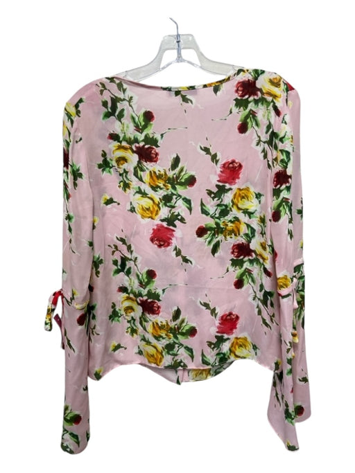 Milly Size M Pink, Yellow & red Silk V Neck Floral Flare Sleeves Tie Neck Top Pink, Yellow & red / M