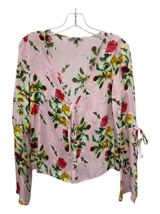 Milly Size M Pink, Yellow & red Silk V Neck Floral Flare Sleeves Tie Neck Top Pink, Yellow & red / M