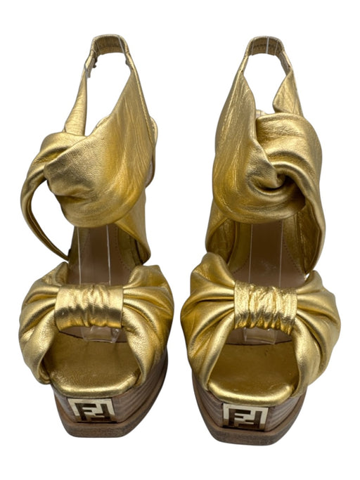 Fendi Shoe Size 36 Gold Leather Upper Metallic Twist Logo Plaque Slingbacks Gold / 36