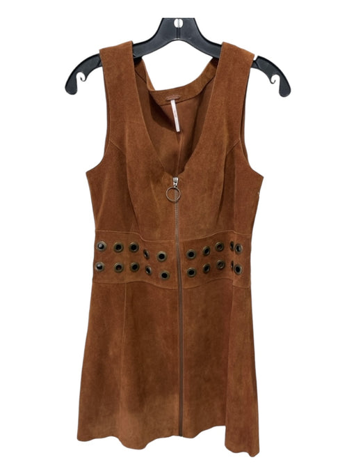 Free People Size 6 Brown Cow Leather Sleeveless Zip Front Grommets Paneled Dress Brown / 6