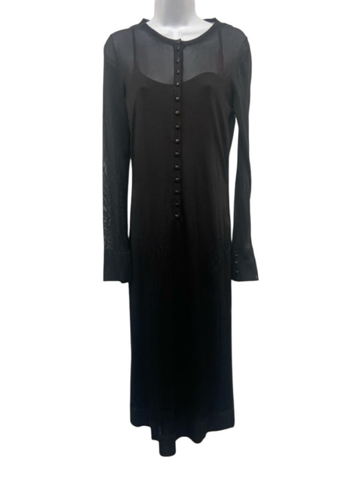 Khaite Size M Black Viscose Sheer Mesh Long Sleeve 1/2 Button Front Dress Black / M