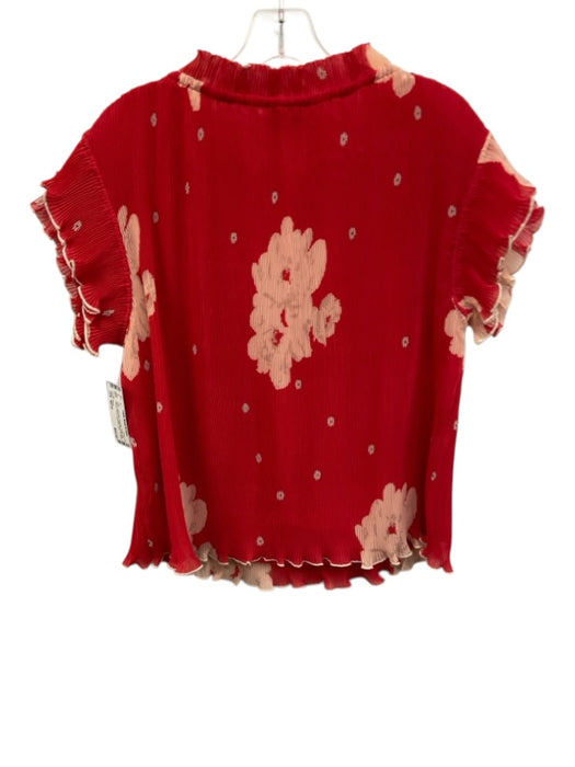 Ganni Size 40/10 Red & Light Pink Polyester Ruffle Cap Sleeve Floral Top Red & Light Pink / 40/10