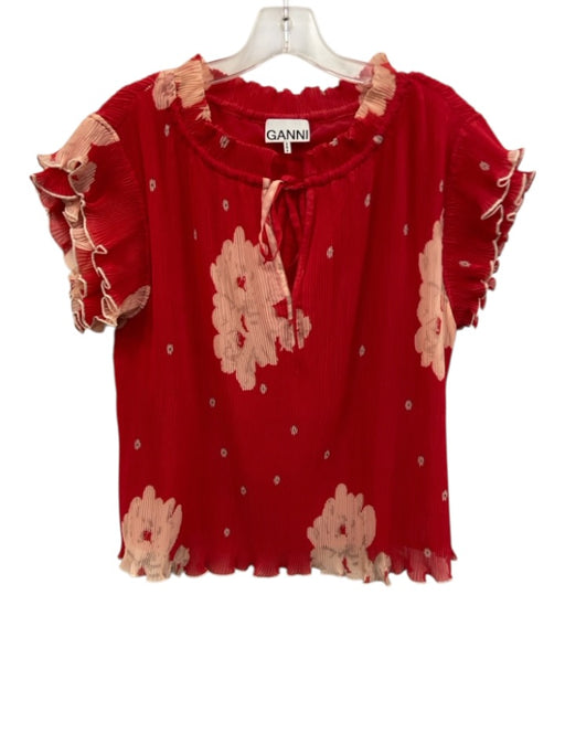 Ganni Size 40/10 Red & Light Pink Polyester Ruffle Cap Sleeve Floral Top Red & Light Pink / 40/10