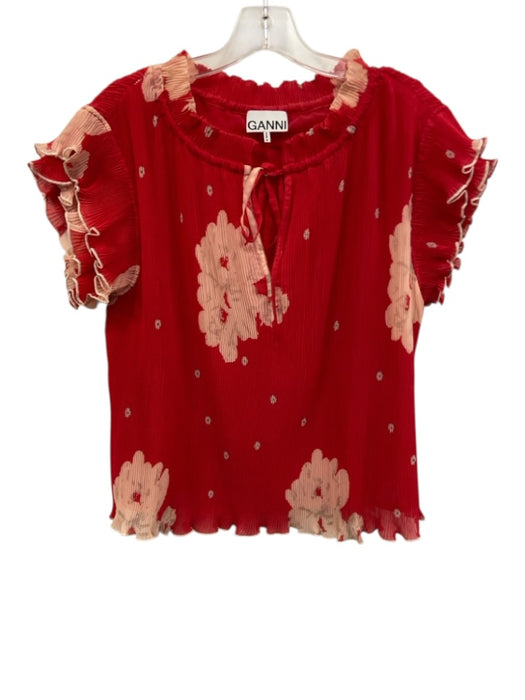 Ganni Size 40/10 Red & Light Pink Polyester Ruffle Cap Sleeve Floral Top Red & Light Pink / 40/10