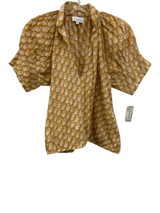 Livro Size S Tan & White Cotton V Neck Print Block Abstract short sleeve Top Tan & White / S
