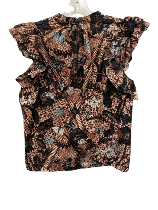 Ulla Johnson Size 10 Brown, Blue & Black Cotton Ruffle Cap Sleeve V Neck Top Brown, Blue & Black / 10