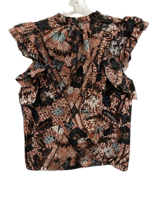 Ulla Johnson Size 10 Brown, Blue & Black Cotton Ruffle Cap Sleeve V Neck Top Brown, Blue & Black / 10