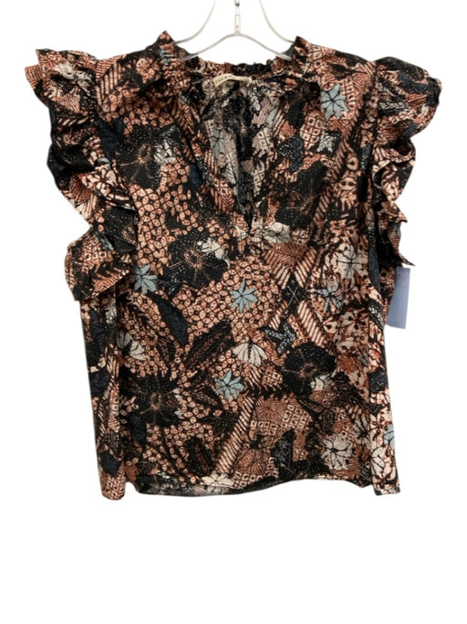 Ulla Johnson Size 10 Brown, Blue & Black Cotton Ruffle Cap Sleeve V Neck Top Brown, Blue & Black / 10