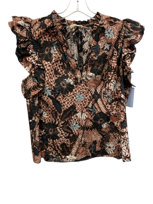 Ulla Johnson Size 10 Brown, Blue & Black Cotton Ruffle Cap Sleeve V Neck Top Brown, Blue & Black / 10