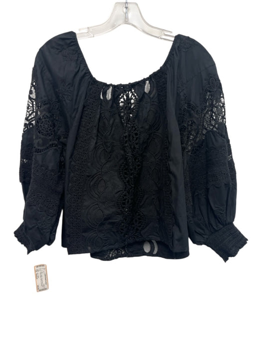 Alice + Olivia Size Medium Black Cotton Long puff sleeve Floral Eyelet Top Black / Medium