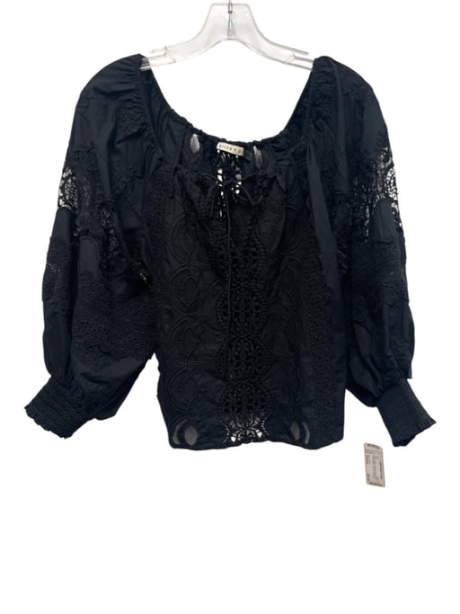Alice + Olivia Size Medium Black Cotton Long puff sleeve Floral Eyelet Top Black / Medium