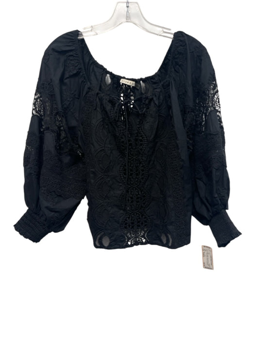 Alice + Olivia Size Medium Black Cotton Long puff sleeve Floral Eyelet Top Black / Medium