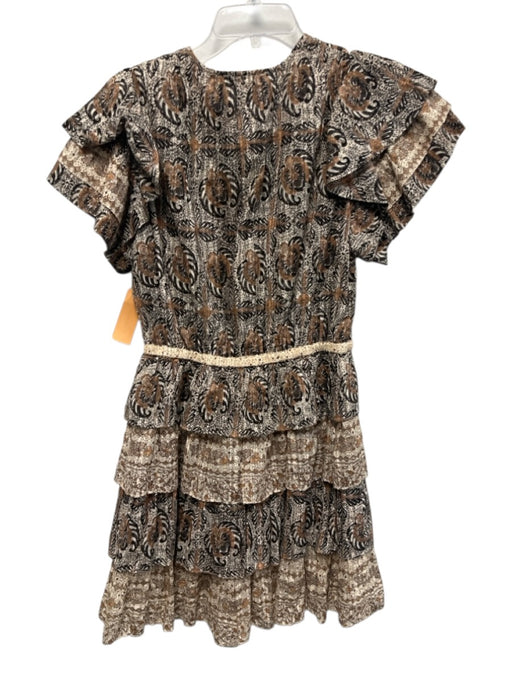 Ulla Johnson Size 8 Brown, Orange, White Cotton Blend Ruffle Cap Sleeve Dress Brown, Orange, White / 8