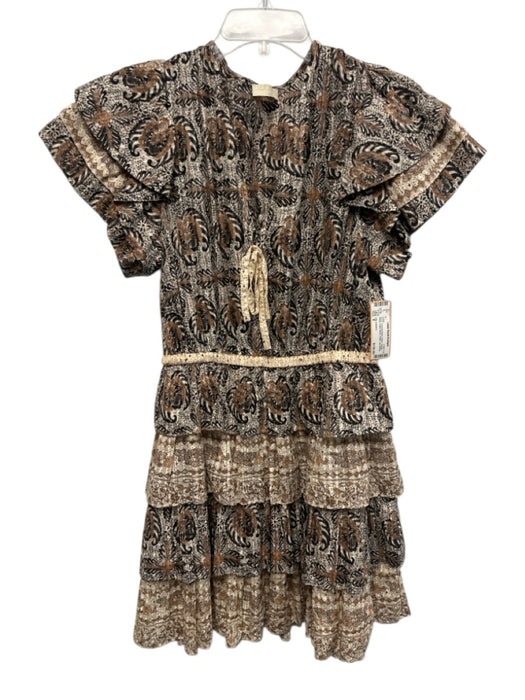 Ulla Johnson Size 8 Brown, Orange, White Cotton Blend Ruffle Cap Sleeve Dress Brown, Orange, White / 8