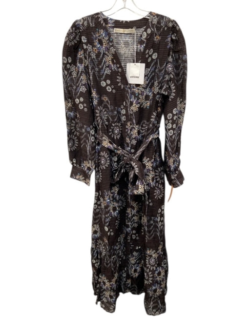 Marie Oliver Size 10 brown, blue, orange Linen Blend Long Sleeve Floral Dress brown, blue, orange / 10