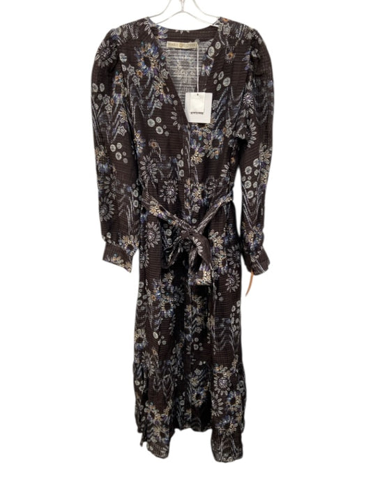 Marie Oliver Size 10 brown, blue, orange Linen Blend Long Sleeve Floral Dress brown, blue, orange / 10